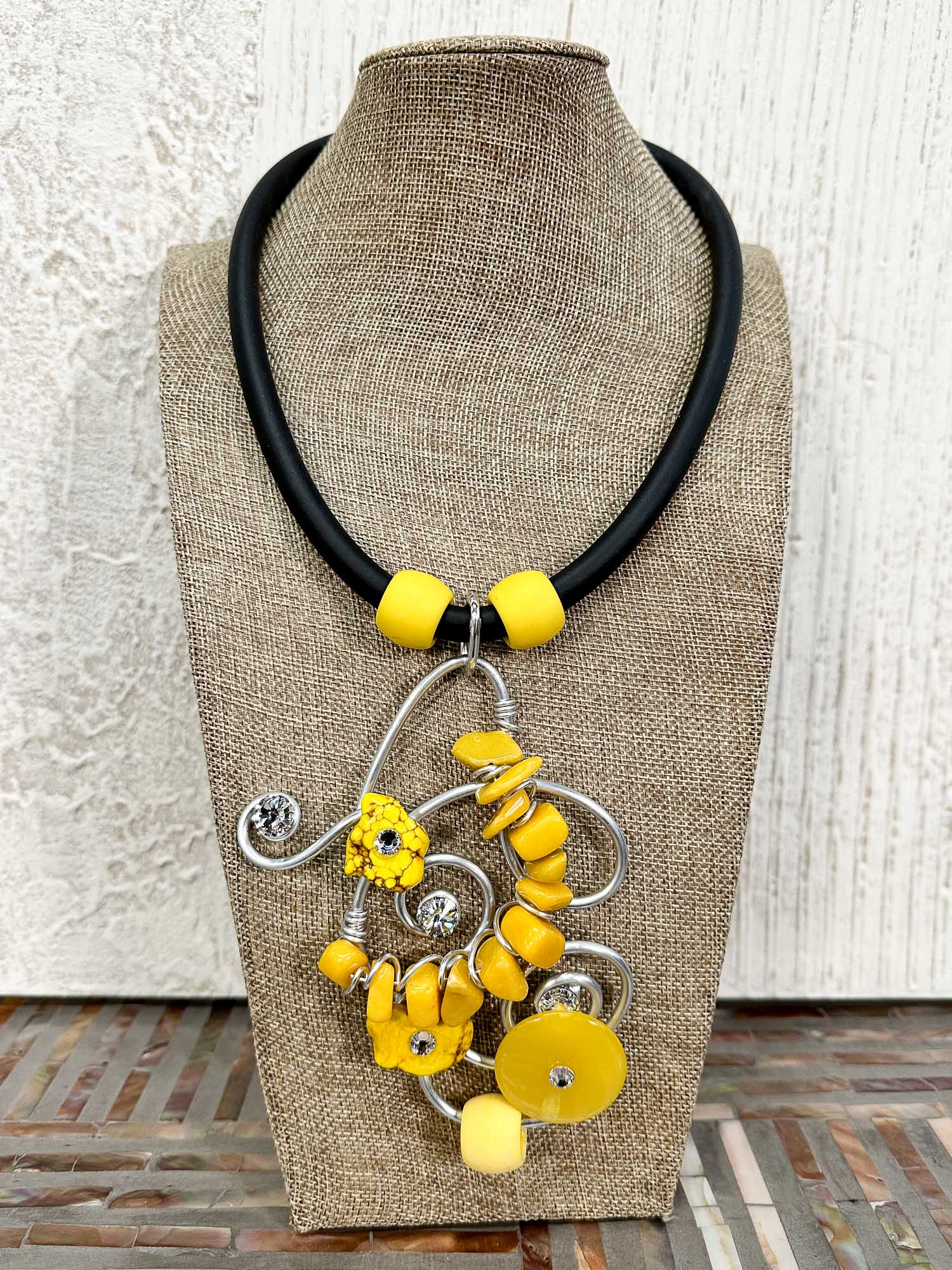 Bead & Stone Rubber Necklace, Yellow