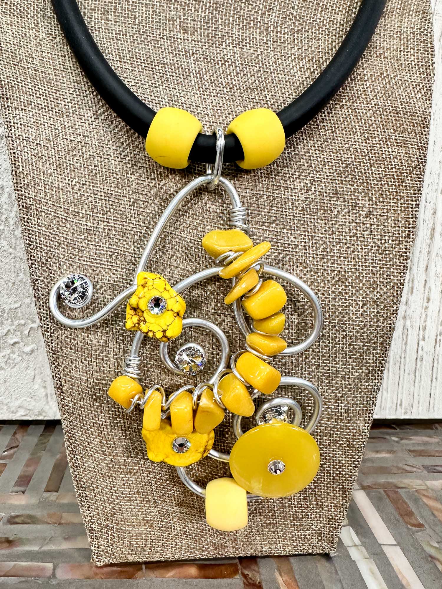 Bead & Stone Rubber Necklace, Yellow