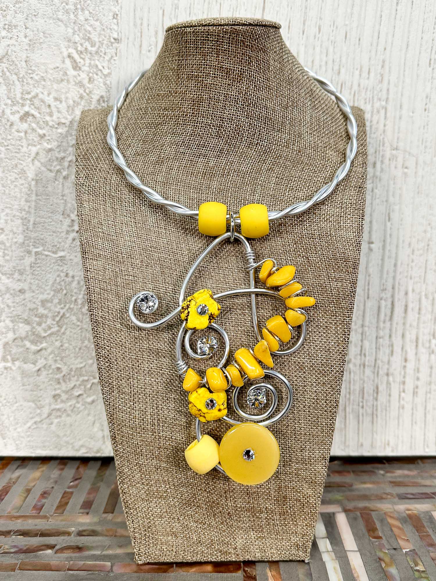 Bead & Stone Wire Collar Necklace, Yellow
