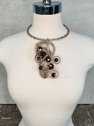 Beaded Pendant Wire Collar Necklace, Bronze/Multi