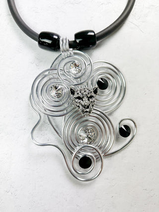 Jeff Lieb Total Design Jewelry Crystal Panther Wire Pendant Necklace, Silver/Black - Statement Boutique