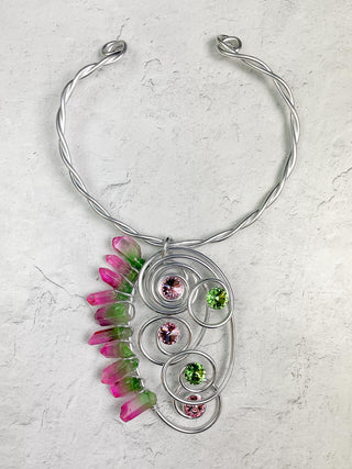 Crystal & Stone Wire Collar Necklace, Silver Pink/Green