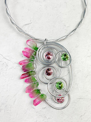 Jeff Lieb Total Design Jewelry Crystal & Stone Wire Collar Necklace, Silver Pink/Green - Statement Boutique