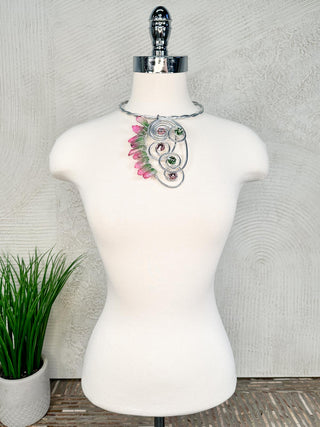 Jeff Lieb Total Design Jewelry Crystal & Stone Wire Collar Necklace, Silver Pink/Green - Statement Boutique