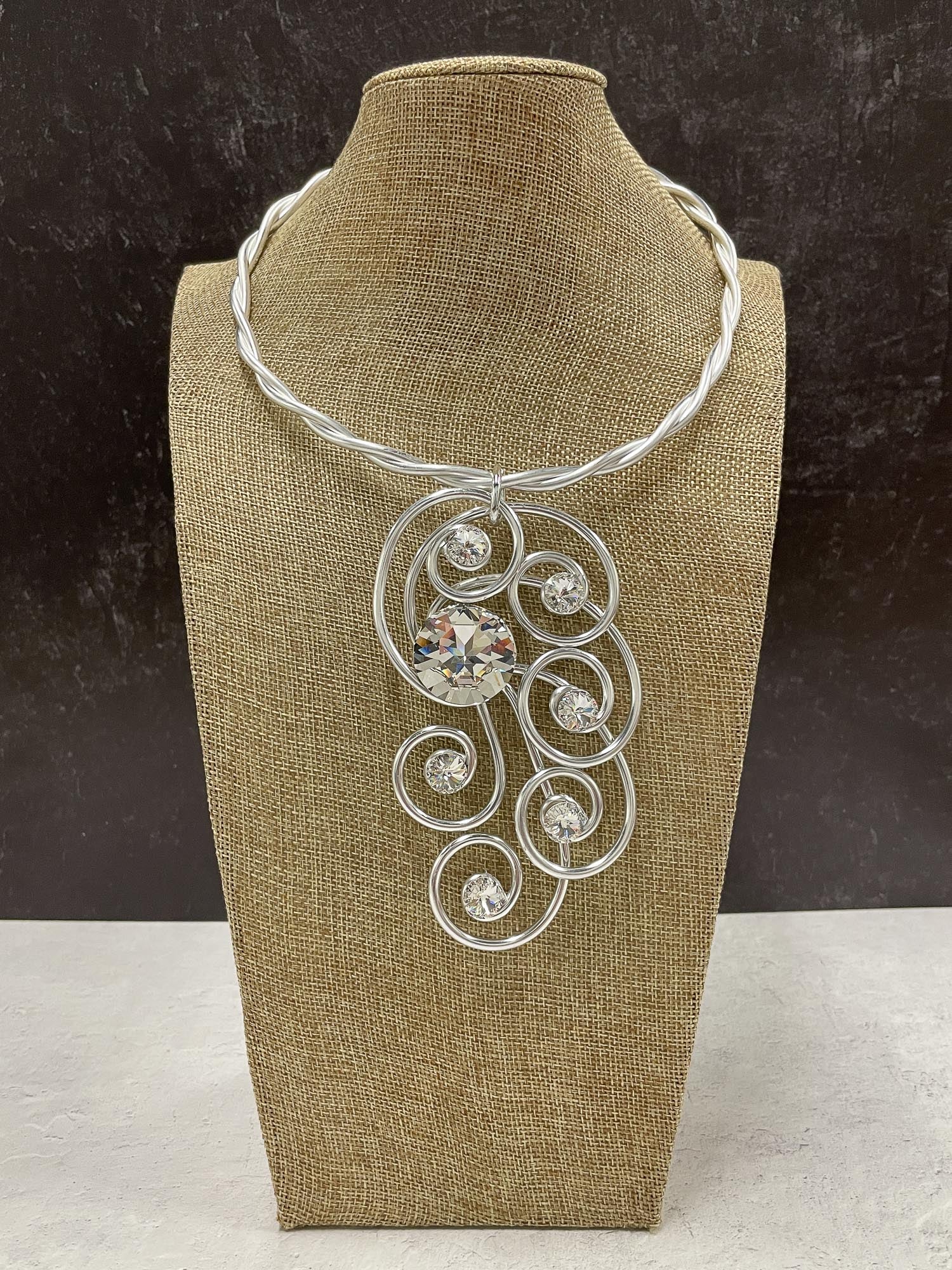 Crystal & Wire Peacock Design Collar Necklace, Silver