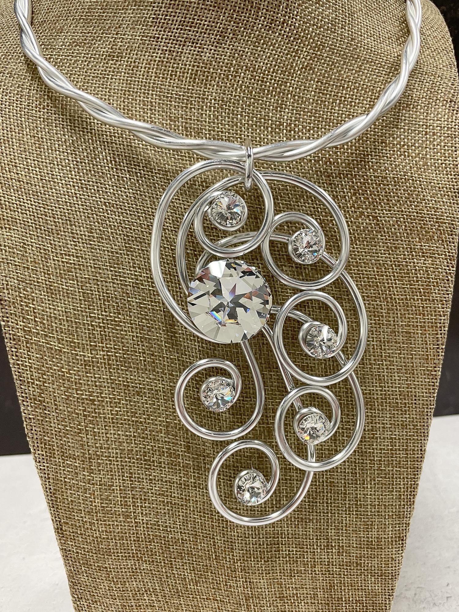 Jeff Lieb Total Design Jewelry Crystal & Wire Peacock Design Collar Necklace, Silver - Statement Boutique