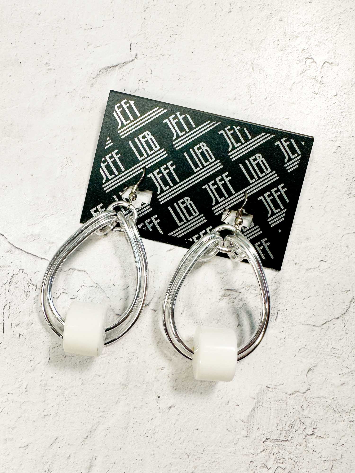 Double Teardrop & Bead Earrings, Silver/White