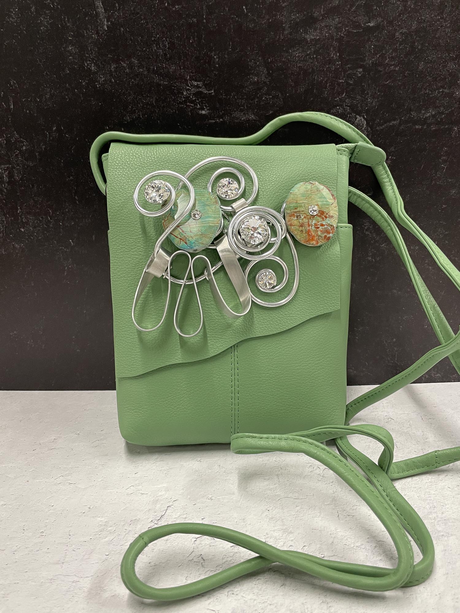 Jeff Lieb Total Design Jewelry Embellished Flap Crossbody Bag, Sage - Statement Boutique