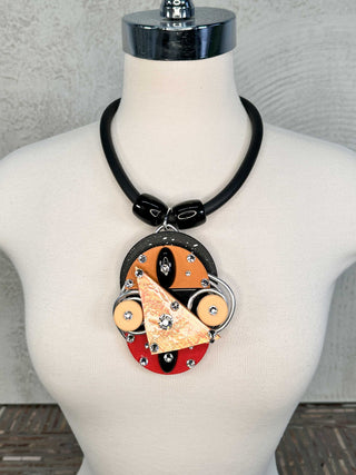 Foil Wood & Mixed Media Rubber Necklace, Peach/Red