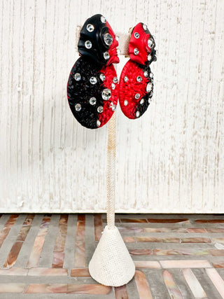 Hand-Painted Crystal Embellished Clip Earrings, Black/Red Basketweave Drop
