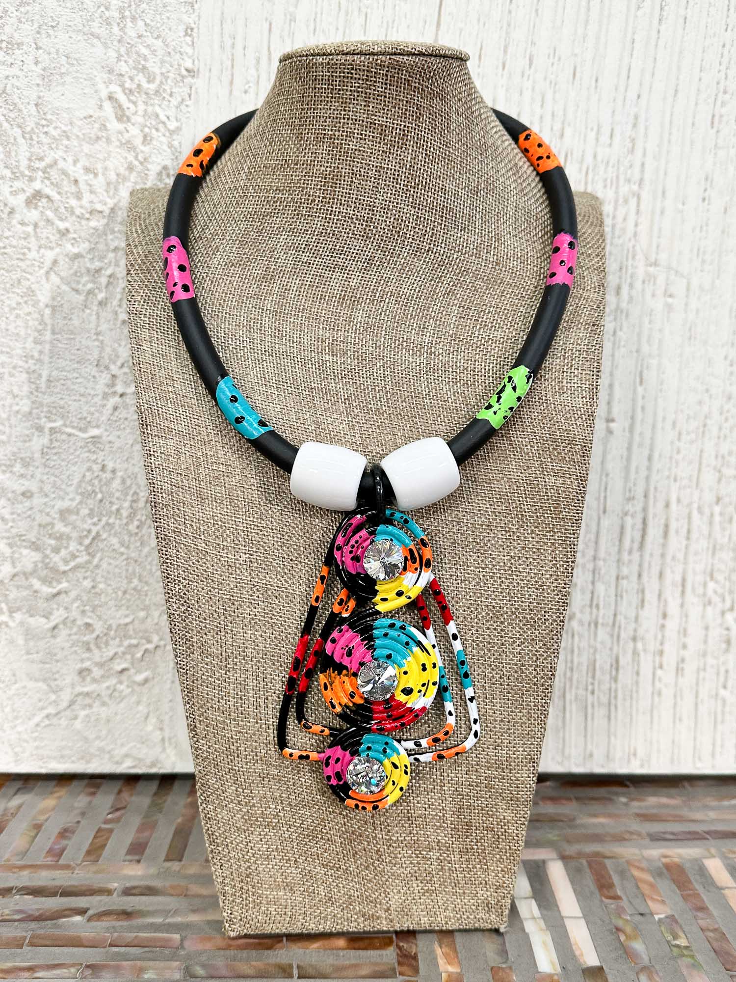 Hand Painted Wire Pendant Rubber Cord Necklace, Black/Multi