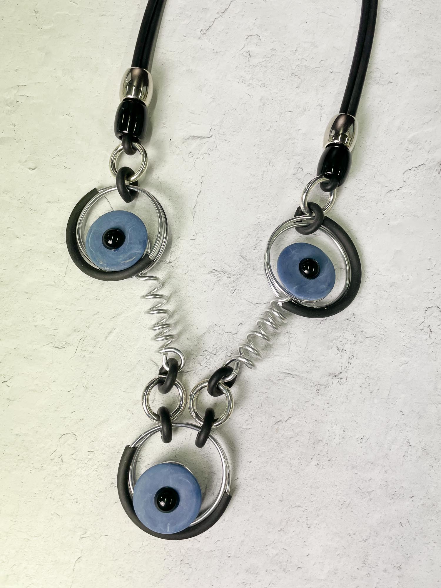 Long Resin & Rubber Mixed Media Necklace, Blue/Black