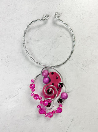 Jeff Lieb Total Design Jewelry Mixed Media Wood & Bead Wire Collar Necklace, Silver/Pink - Statement Boutique