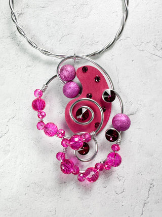 Jeff Lieb Total Design Jewelry Mixed Media Wood & Bead Wire Collar Necklace, Silver/Pink - Statement Boutique