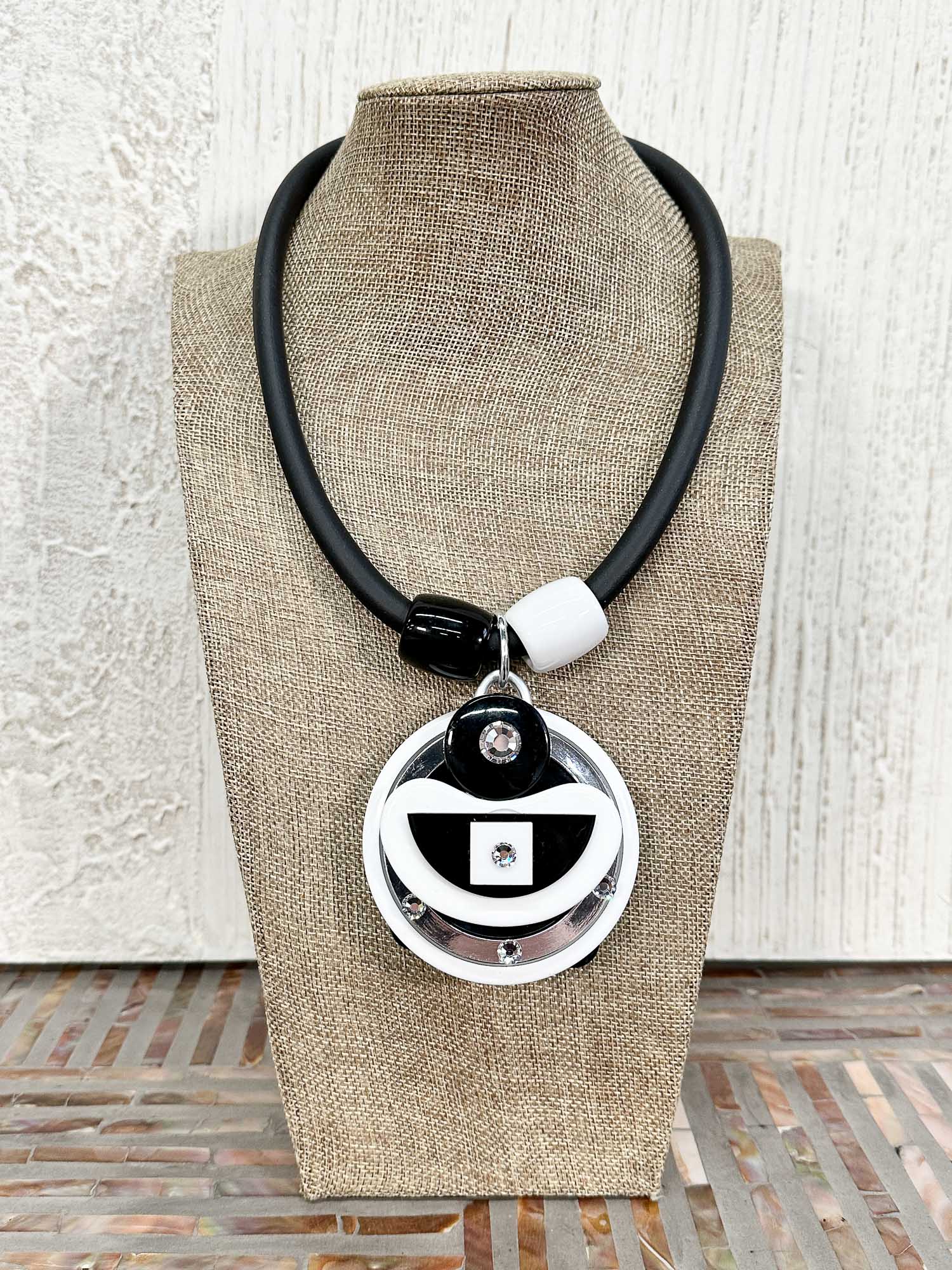 Jeff Lieb Total Design Jewelry Reversible Deco Shapes Pendant Necklace, Black/White/Silver - Statement Boutique