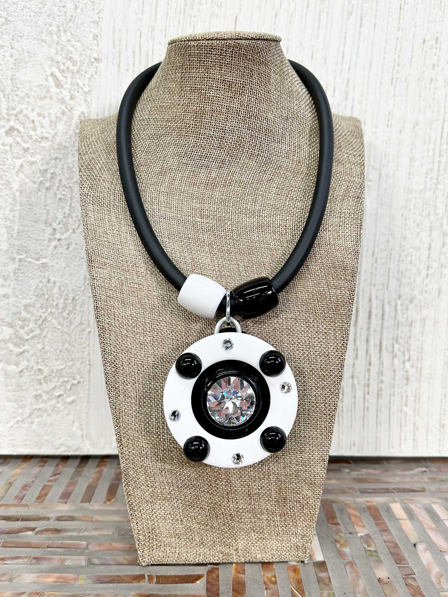 Jeff Lieb Total Design Jewelry Reversible Deco Shapes Pendant Necklace, Black/White/Silver - Statement Boutique