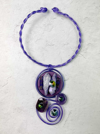Jeff Lieb Total Design Jewelry Round Mix Media Pendant Wire Collar Necklace, Purple - Statement Boutique