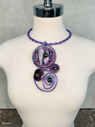 Jeff Lieb Total Design Jewelry Round Mix Media Pendant Wire Collar Necklace, Purple - Statement Boutique