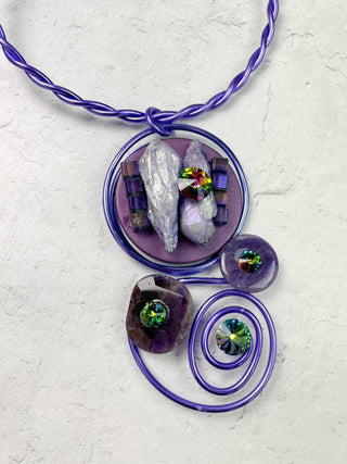 Round Mix Media Pendant Wire Collar Necklace, Purple