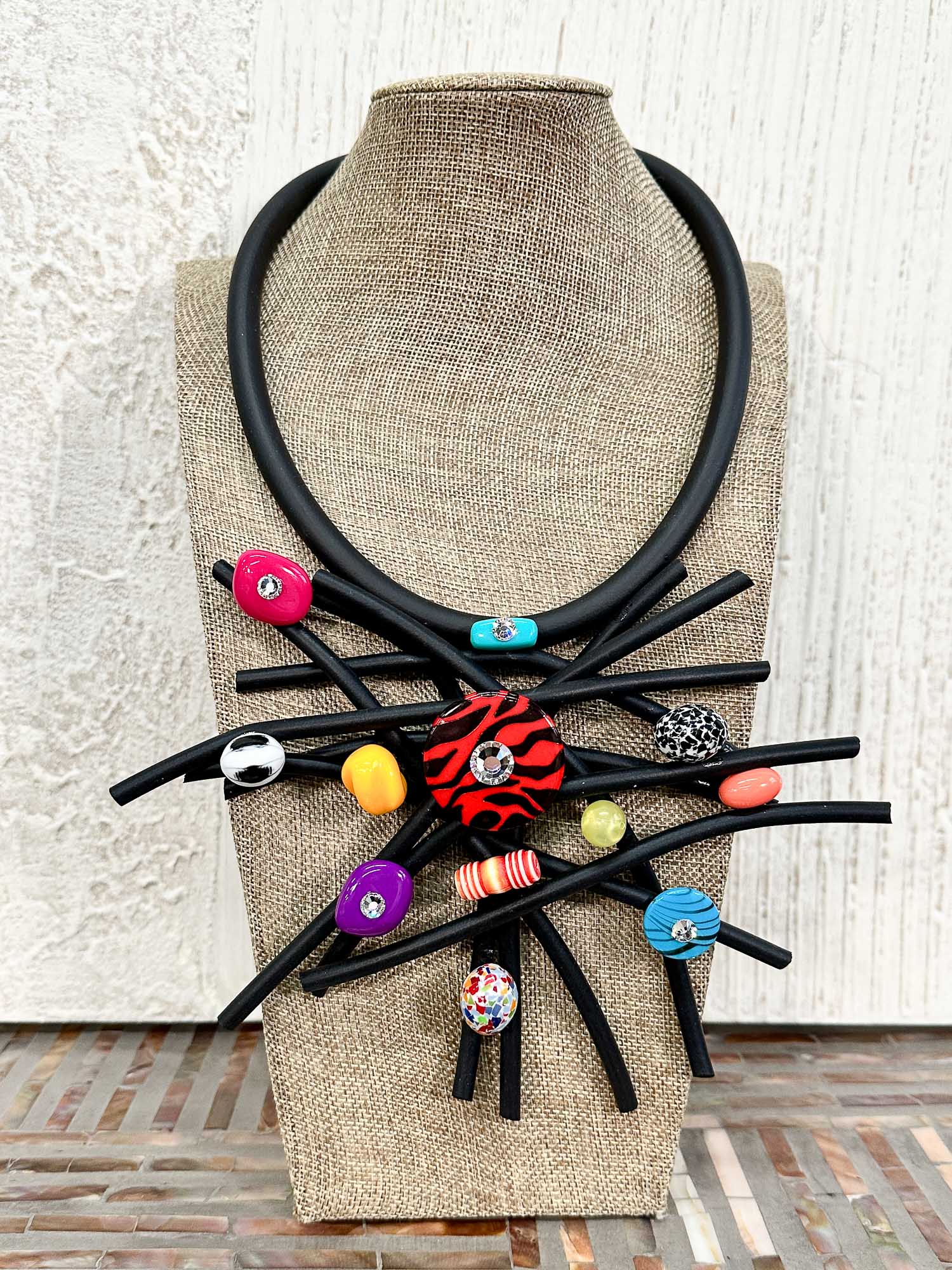 Jeff Lieb Total Design Jewelry Rubber Crosshatch Beaded Necklace, Black/Multi - Statement Boutique