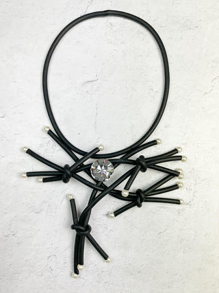 Rubber & Pearl Bib Drop Necklace, Black/White