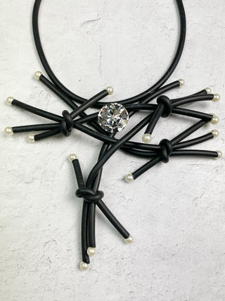 Rubber & Pearl Bib Drop Necklace, Black/White