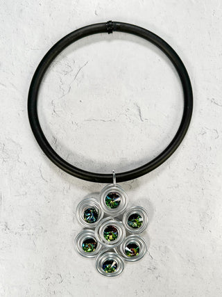 Crystal Swirl Pendant Rubber Necklace, Green/Silver