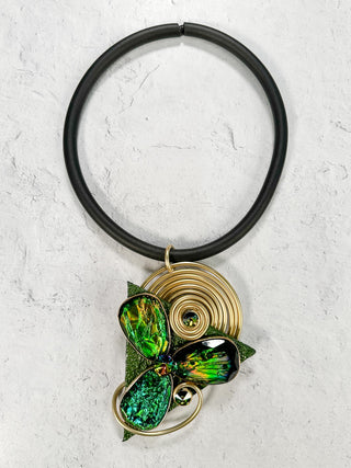Mixed Media Pendant Rubber Necklace, Gold/Green
