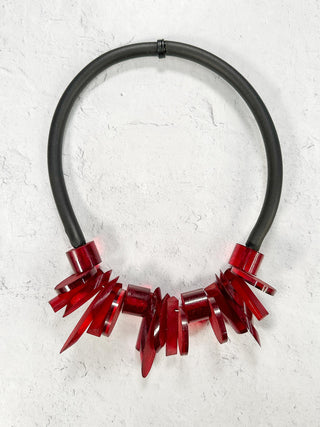 Acrylic Shapes on Rubber Necklace, Merlot