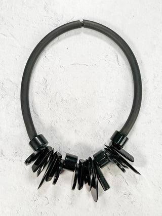 Acrylic Shapes on Rubber Necklace, Black