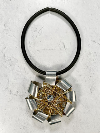 Large Round Ribbon & Wire Pendant Rubber Necklace, Silver/Gold