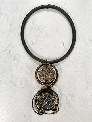 Duo Wire Crystallized Pendant Rubber Necklace, Copper/Black