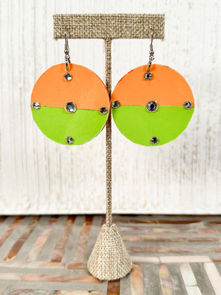 Colorblock Round Drop Earrings, Orange/Green
