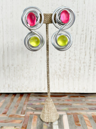 Frosted Glass & Wire Clip Earrings, Pink/Yellow