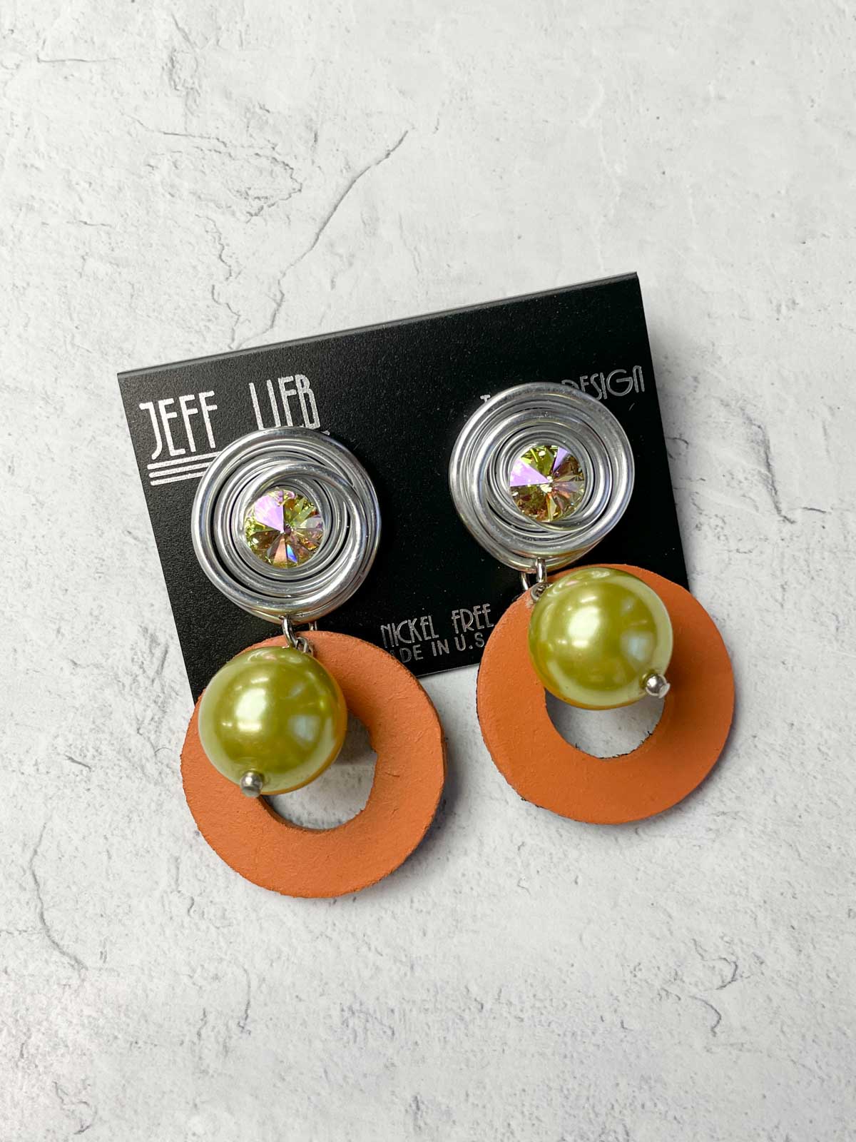 Jeff Lieb Total Design Jewelry Pearl &amp; Wood Dangle Clip On Earrings, Green/Orange - Statement Boutique