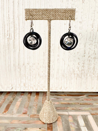 Petite Round Wire & Crystal Drop Earrings, Black