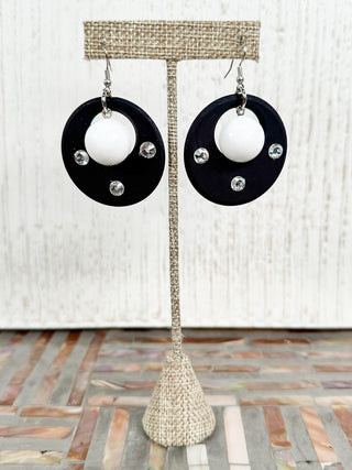 Round Floating Bead Deco Drop Earrings, Black/White