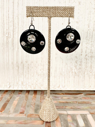 Round Resin & Crystal Drop Earrings, Black