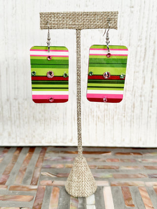 Stripe & Crystal Rectangular Drop Earrings, Pink/Green