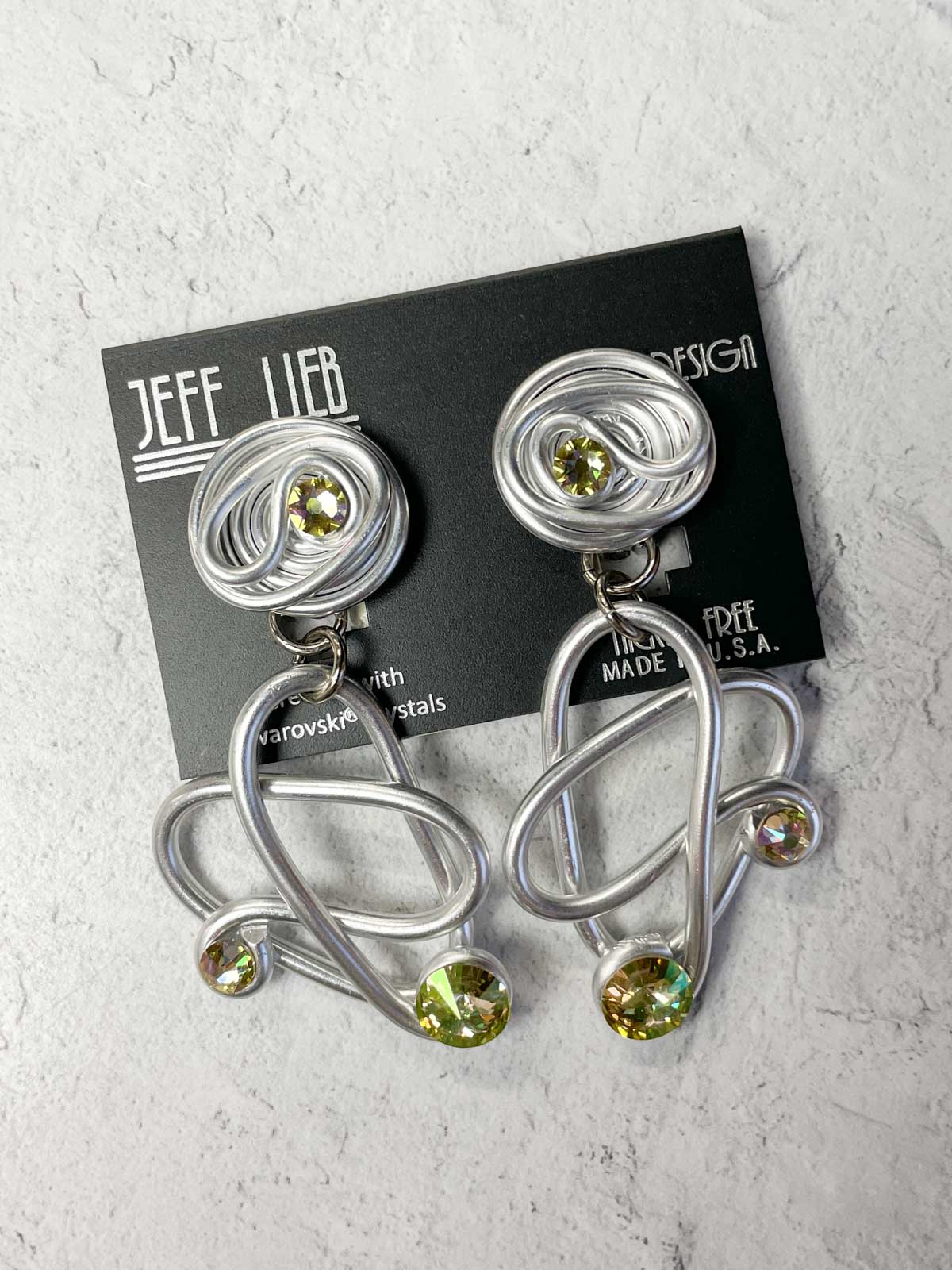 Jeff Lieb Total Design Jewelry Wire & Crystal Swirl Heart Drop Clip On Earrings, Silver/Iridescent Green - Statement Boutique