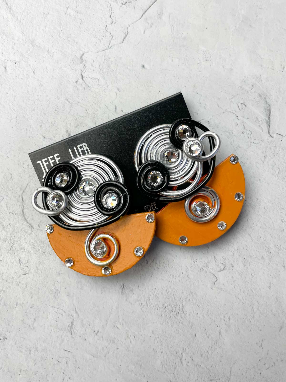 Jeff Lieb Total Design Jewelry Wire &amp; Wood Shapes Clip On Earrings, Orange/Silver/Black - Statement Boutique