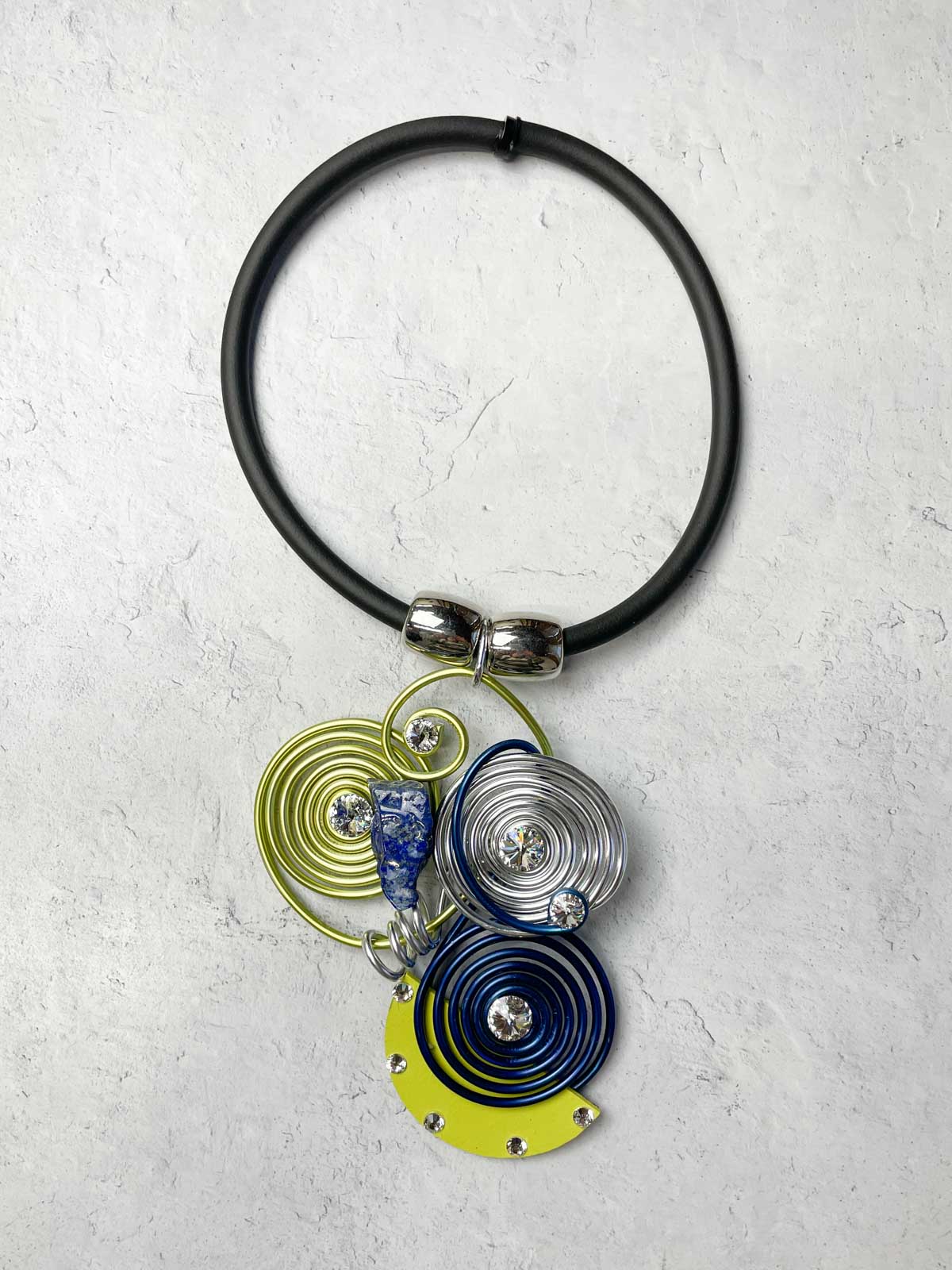 Jeff Lieb Total Design Jewelry Wood Accent Wire Trio Pendant Necklace, Green/Blue/Silver - Statement Boutique