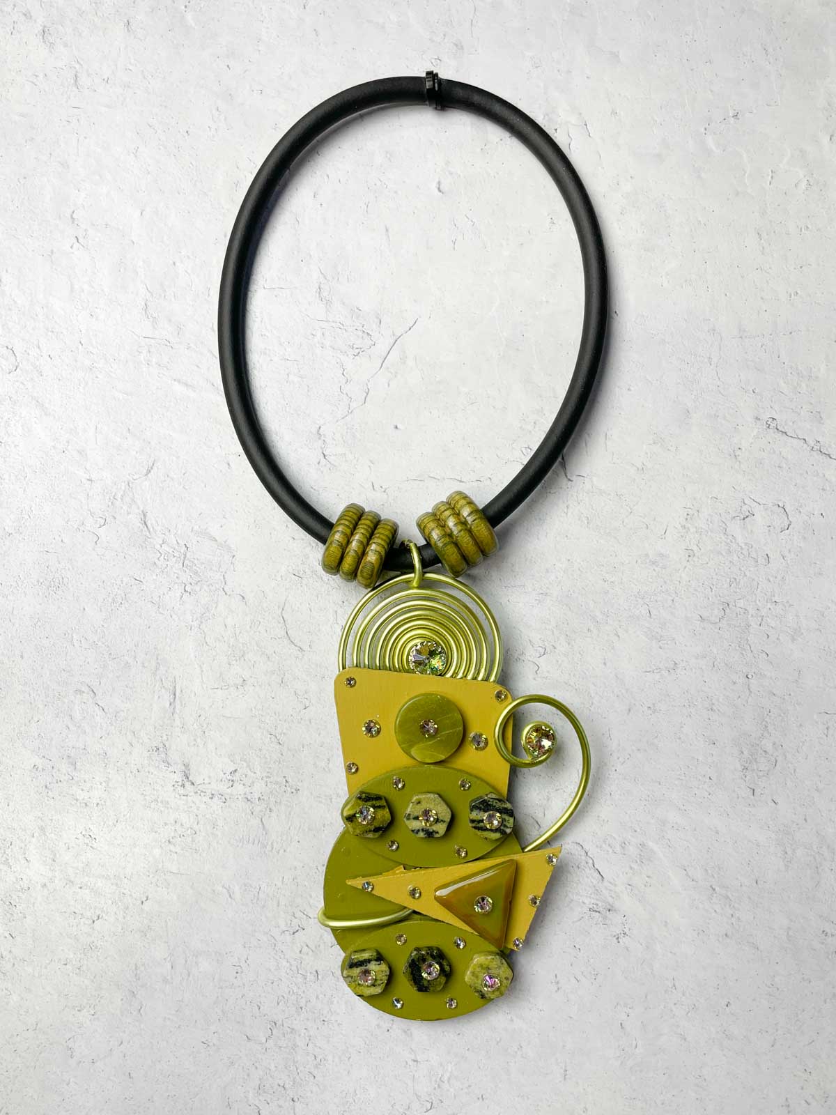 Jeff Lieb Total Design Jewelry Wood &amp; Stone Mixed Media Necklace, Green - Statement Boutique
