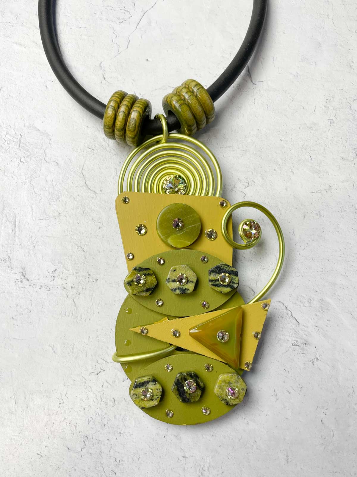 Jeff Lieb Total Design Jewelry Wood & Stone Mixed Media Necklace, Green - Statement Boutique