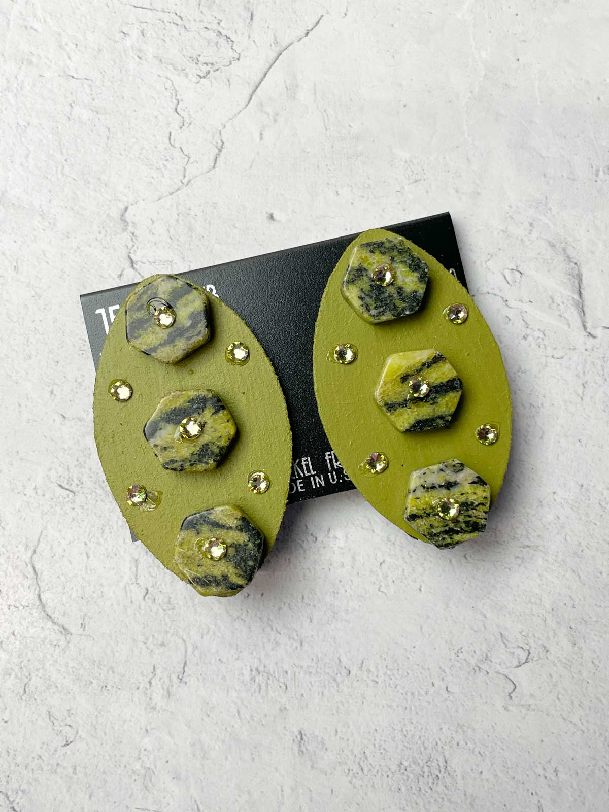 Jeff Lieb Total Design Jewelry Wood & Stone Geometric Clip On Earrings, Green - Statement Boutique