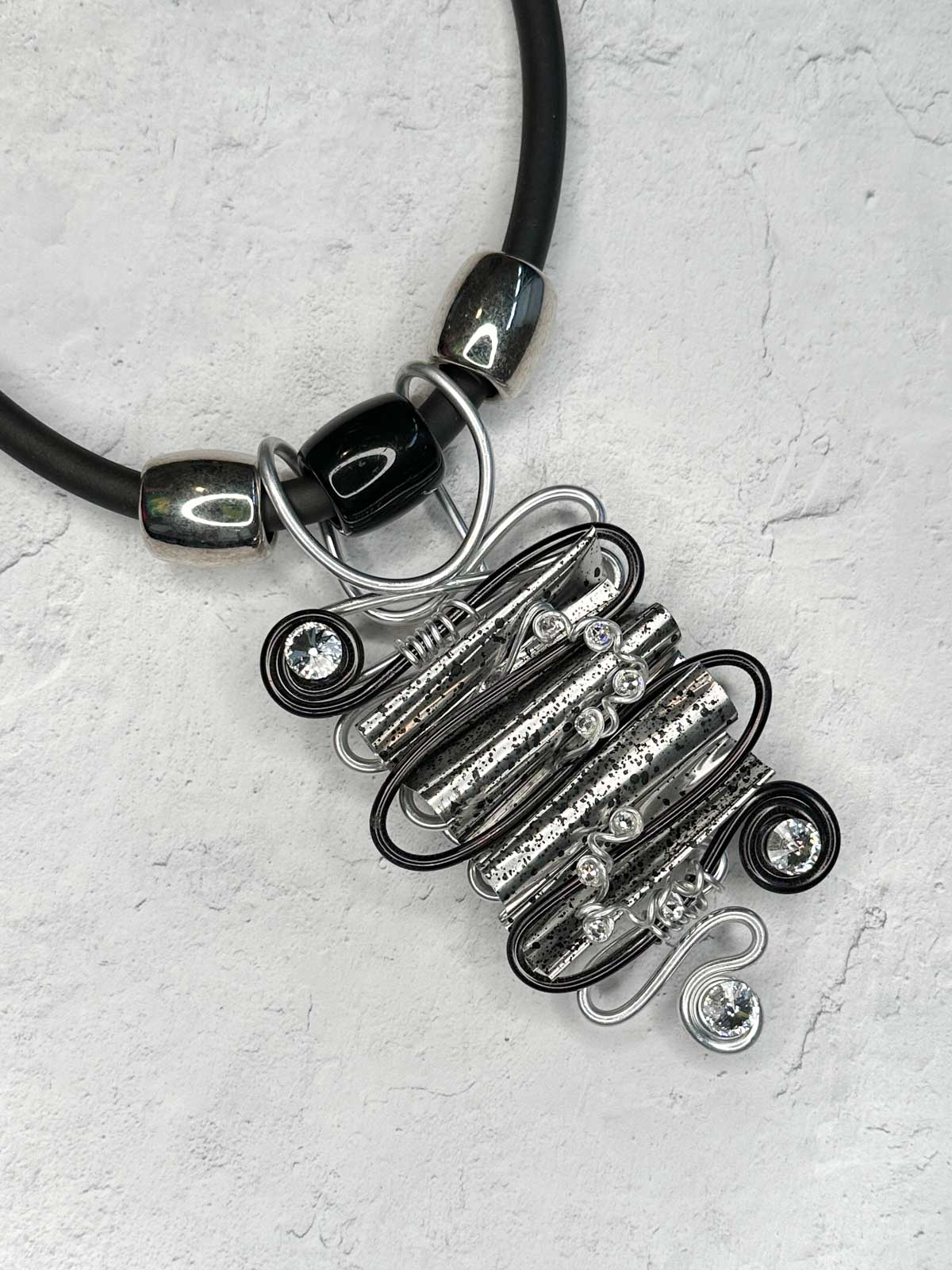 Jeff Lieb Total Design Jewelry Splatter Mixed Wire Pendant Necklace, Silver/Black - Statement Boutique