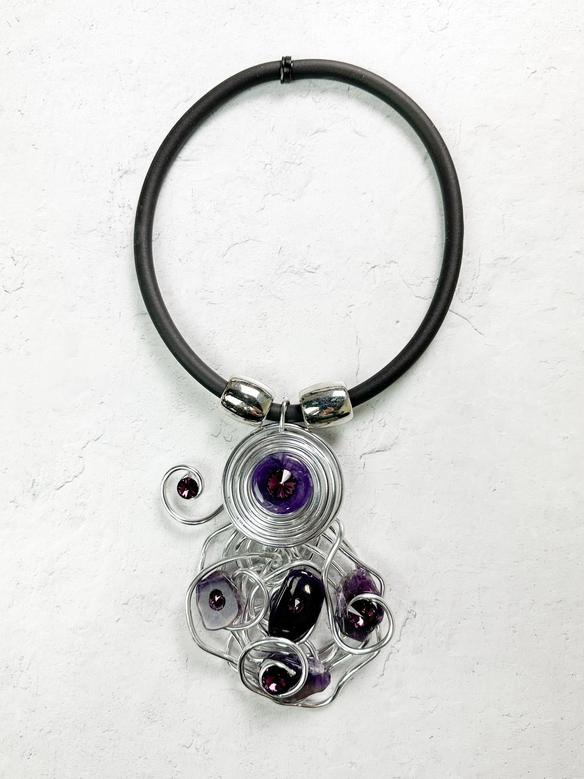 Jeff Lieb Total Design Jewelry Stone & Crystal Wire Pendant Necklace, Purple/Silver - Statement Boutique