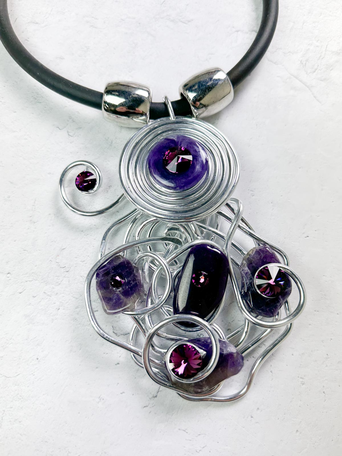 Jeff Lieb Total Design Jewelry Stone & Crystal Wire Pendant Necklace, Purple/Silver - Statement Boutique