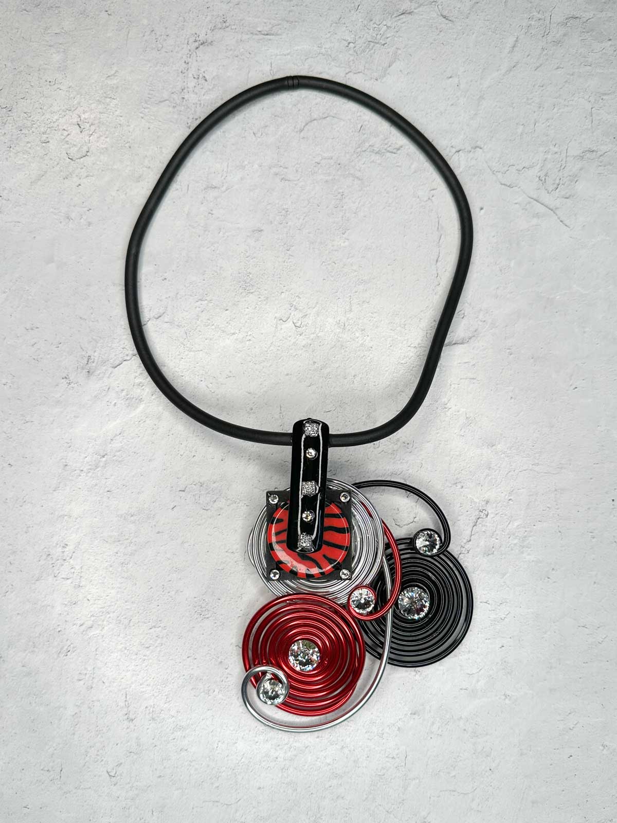 Jeff Lieb Total Design Jewelry Stripe Accent Trio Wire Pendant Necklace, Red/Silver/Black - Statement Boutique