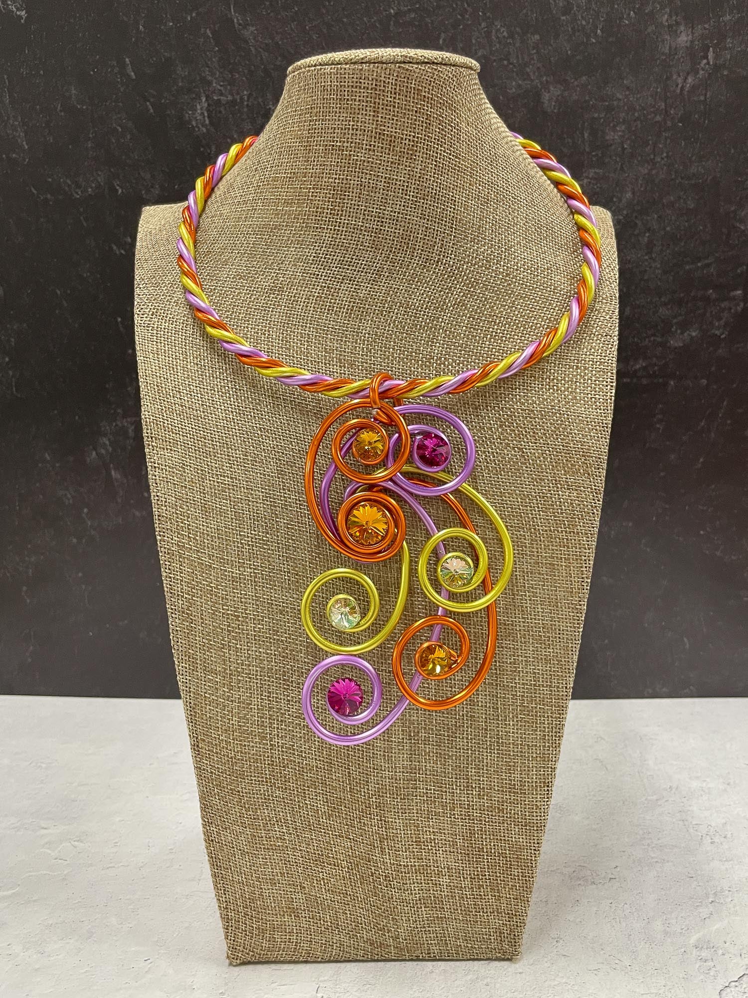 Trio Wire Swirl Collar Necklace, Orange/Lavender/Yellow